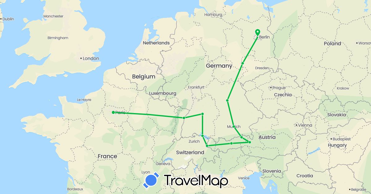 TravelMap itinerary: driving, bus in Austria, Germany, France, Liechtenstein (Europe)